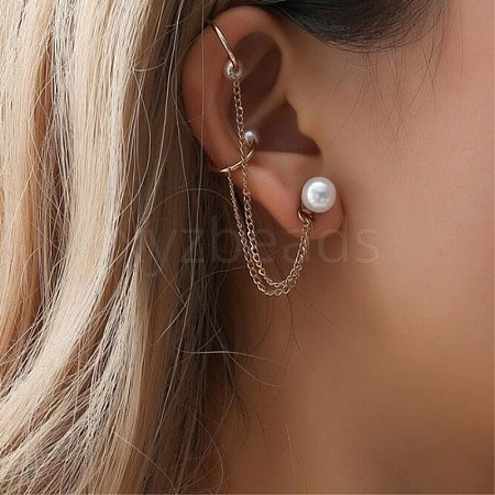 Alloy & Round Imitation Pearl Tassel Chain Cuff Crawler Climber Cartilage Earrings FS-WG06E18-01-1