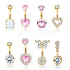 8Pcs 8 Styles 316L Surgical Stainless Steel Cubic Zirconia Heart Butterfly Curved Barbell Belly Rings Sets WG47019-01-4