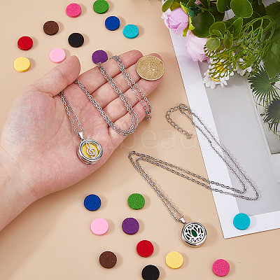 2 Sets Alloy Hollow Essential Oil Diffuser Perfume Locket Pendant 304 Stainless Steel Chain Necklaces NJEW-HS0001-22C-1