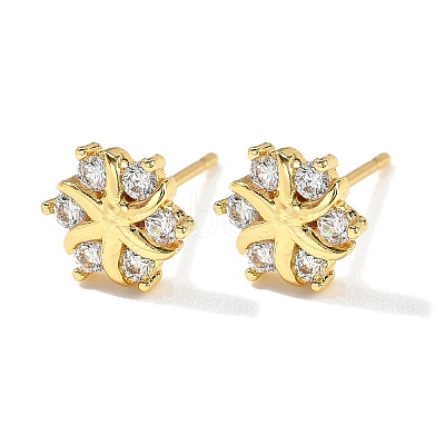 Flower Brass Micro Pave Clear Cubic Zirconin Stud Earrings EJEW-D318-10G-1