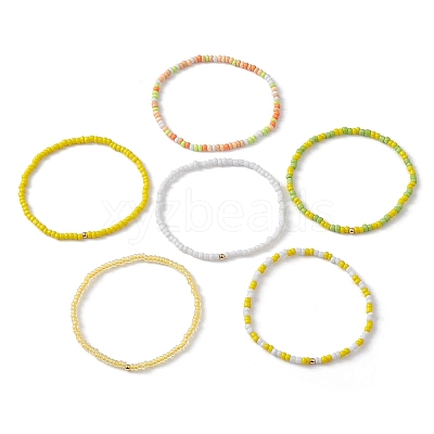 6Pcs Glass Seed & Brass Beaded Stretch Bracelets Set BJEW-JB09538-04-1