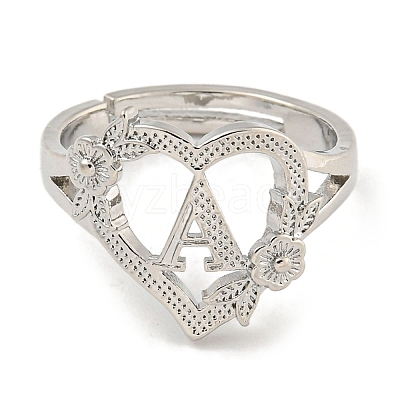 Heart with Letter & Flower Rack Plating Brass Adjustable Rings for Women RJEW-I105-05P-A-1