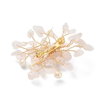 Natural Rose Quartz Chips & Pearl Beaded Flower Brooch Pin JEWB-BR00098-03-1