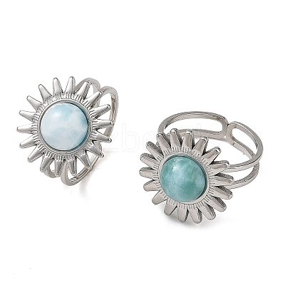 Natural Larimar Cabochons & Stainless Steel Cuff Open Rings RJEW-JR01090-02-1