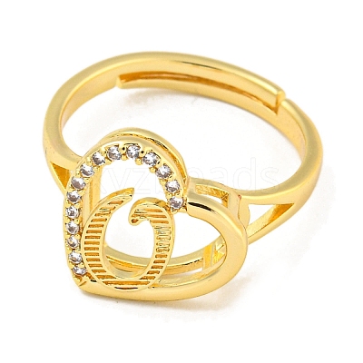 Heart with Letter Rack Plating Brass Micro Pave Cubic Zirconia Adjustable Rings for Women RJEW-I105-06G-O-1