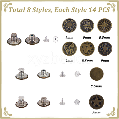 112 Sets 8 Sftyles Brass Button Pins for Jeans BUTT-GA0001-41-1