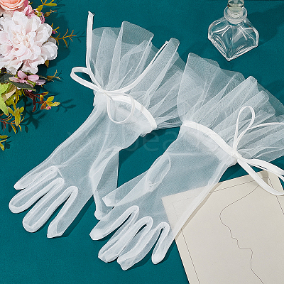 Satin Lace Bridal Short Gloves AJEW-WH0473-10-1