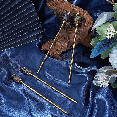 4Pcs 4 Styles Natural Sodalite & Natural Dragon Blood Jasper & Natural Indian Agate & Natural Larvikite & Brass Hair Sticks OHAR-ME00004-1