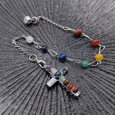 Chakras Natural Gemstone Beads Wire Wrapped Cross Dowsing Pendulums PW23032849378-1