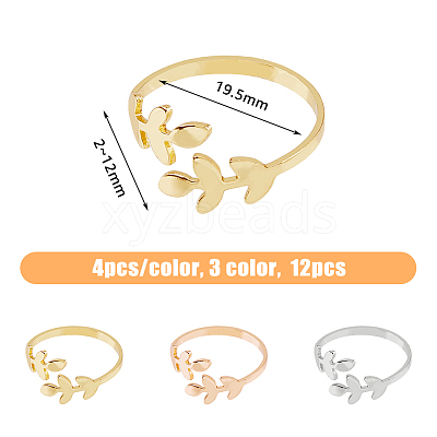 12Pcs 3 Colors Alloy Leafy Branch Open Cuff Finger Rings Set for Women RJEW-HY0001-02-1