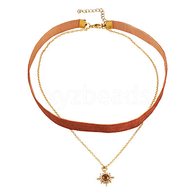 Alloy Resin Sun Pendant Single Face Dark Red Velvet Ribbon & Brass Chain Double Layered Choker Necklaces NJEW-TAC0039-1