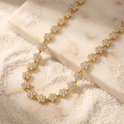 304 Stainless Steel Pave Clear Cubic Zirconia 5-Petal Flower Link Chain Necklaces for Women WG9E91A-01-1