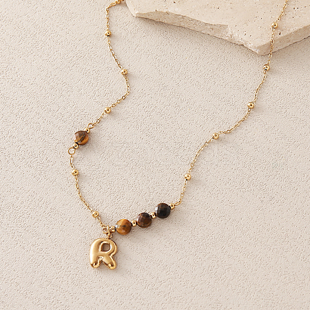 European Faceted Natural Tiger Eye 304 Stainless Steel Alphabet Pendant Necklaces QN9691-18-1