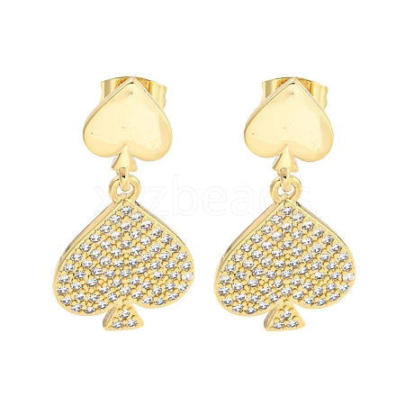 Spades Brass Pave Clear Cubic Zirconia Dangle Stud Earrings EJEW-M258-33G-1