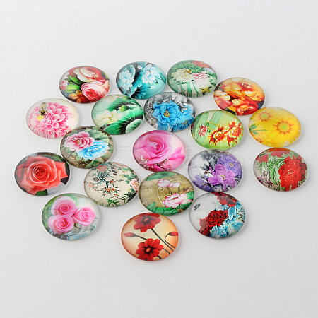 Flower Printed Glass Flatback Cabochons X-GGLA-A002-12mm-BB-1