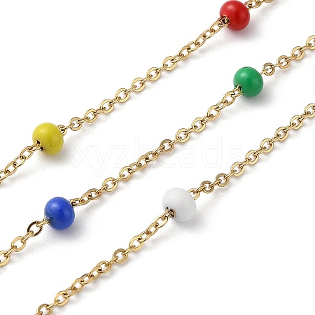 PVD Vacuum Plating 304 Stainless Steel Cable Chains with Colorful Enamel Rondelle Beaded CHS-G030-01G-1