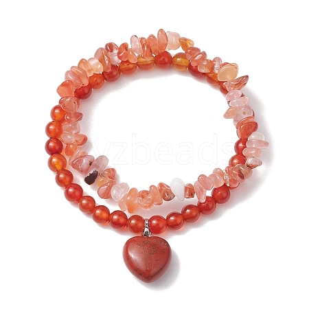 2pcs 2 Styles 6mm Round & Chip Natural Red Agate Beaded Stretch Bracelet Sets BJEW-TA00517-01-1