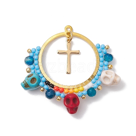 Glass Seed Beads & Faceted Round Natural Dyed Agate & Synthetic Turquoise Skull Pendants PALLOY-MZ00370-1