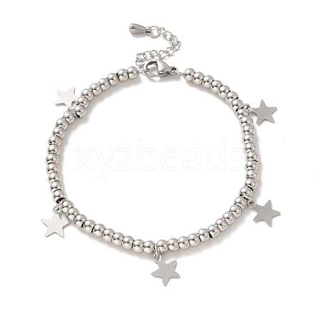304 Stainless Steel Star Charm Bracelet with 201 Stainless Steel Round Beads for Women BJEW-B057-27P-1
