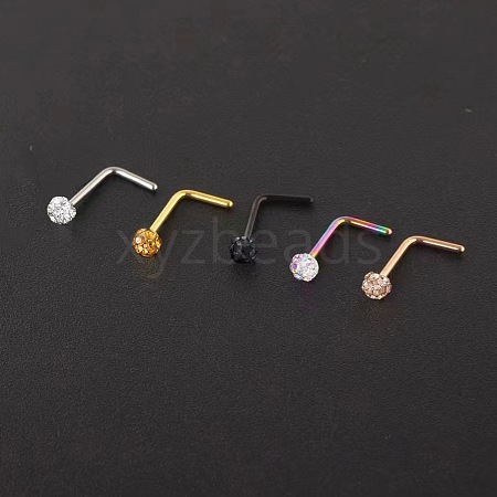 304 Stainless Steel Rhinestone Round Ball L-Shaped Nose Rings WGE5A2F-05-1