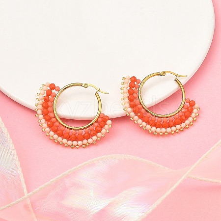 304 Stainless Steel & Bohemian Beaded Fan Hoop Earrings for Women EJEW-R001-01G-04-1