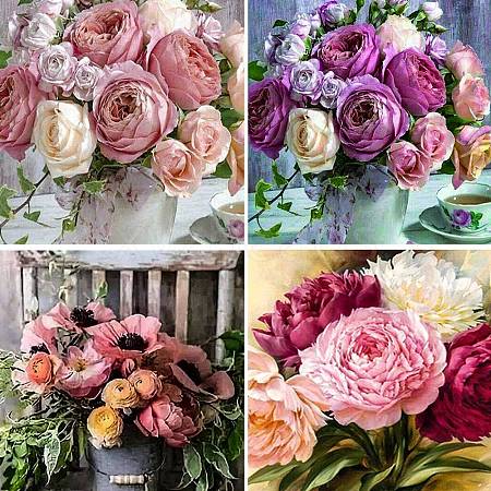 4 Sets 4 Style DIY 5D Flower Pattern Canvas Diamond Painting Kits DIY-SZ0007-95-1