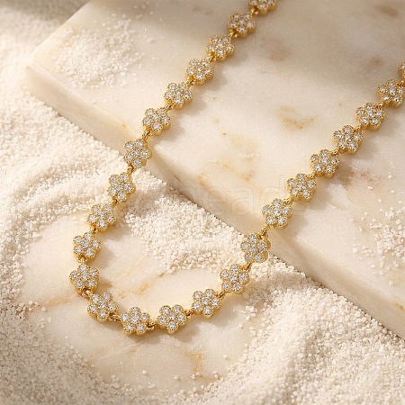 304 Stainless Steel Pave Clear Cubic Zirconia 5-Petal Flower Link Chain Necklaces for Women WG9E91A-01-1