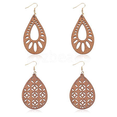 ANATTASOUL 2 Pairs 2 Style Natural Wood Hollow Out Teardrop Dangle Earrings EJEW-AN0001-54-1