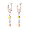 Oval with Flower Enamel Long Dangle Stud Earrings EJEW-N049-05A-1