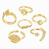 6Pcs 6 Styles Brass Micro Pave Clear Cubic Zirconia Cuff Rings RJEW-LS0001-34G-6