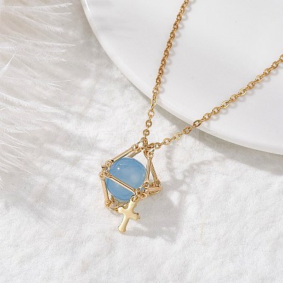 Brass Macrame Pouch Dyed Natural Blue Agate Inside & 304 Stainless Steel Pendant Necklaces for Women NJEW-JN05607-01-1