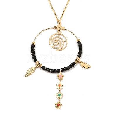 Boho Plasic Bead & 304 Stainless Steel Flower & leaf Pendant Cable Chain Necklaces for Women NJEW-A032-07G-01-1