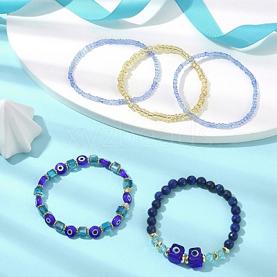 5Pcs 5 Style Natural Lapis Lazuli & Lampwork Evil Eye & Seed Beaded Stretch Bracelets Set BJEW-JB09616-01-1