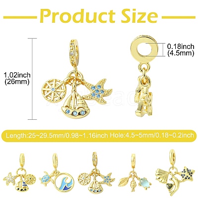 5Pcs 5 Styles Brass Pave Cubic Zirconia European Dangle Charms KK-CJ0004-01-1