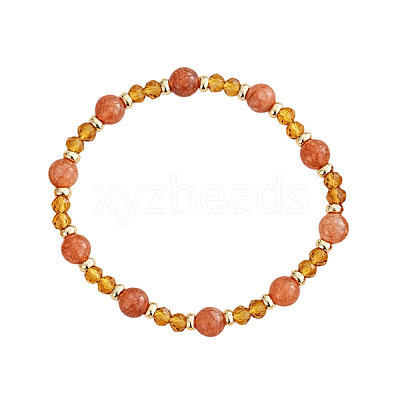Round Natural Sunstone & Citrine Beads Stretch Bracelets for Women UX1023-2-1
