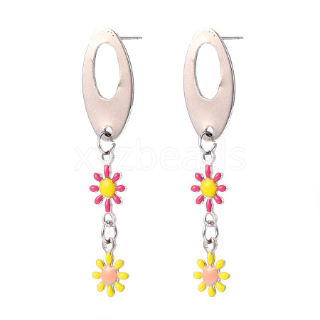 Oval with Flower Enamel Long Dangle Stud Earrings EJEW-N049-05A-1