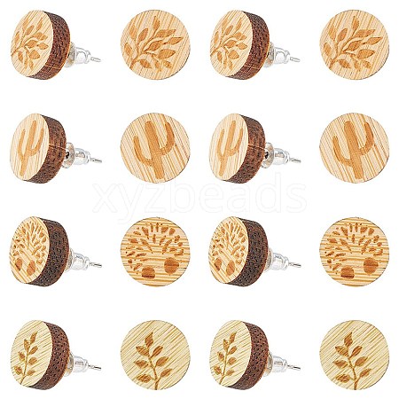 SUNNYCLUE 8 Pairs 4 style Natural Wood Flat Round Stud Earrings EJEW-SC0001-47-1