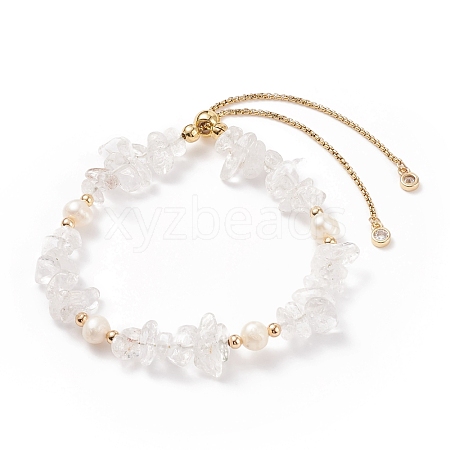 Natural Quartz Crystal Chips & Pearl Beaded Slider Bracelet BJEW-JB08334-05-1