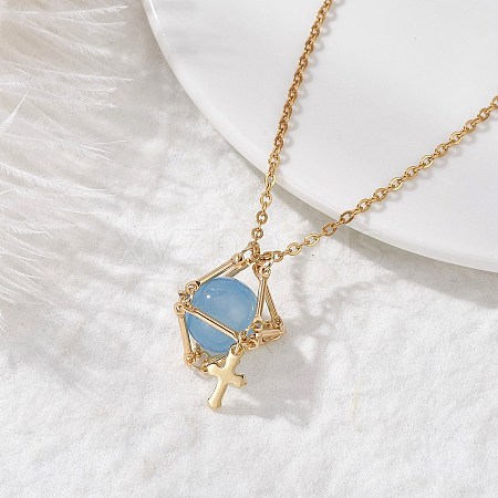 Brass Macrame Pouch Dyed Natural Blue Agate Inside & 304 Stainless Steel Pendant Necklaces for Women NJEW-JN05607-01-1