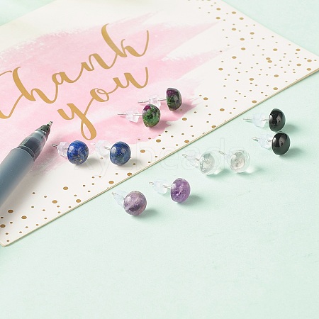 Half Round Natural Mixed Gemstone Stud Earrings for Girl Women X-EJEW-JE04664-1