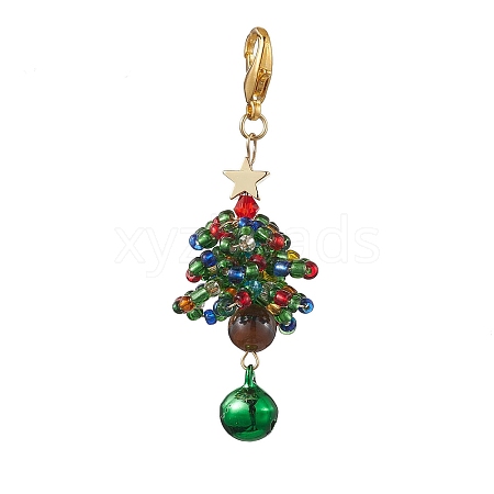 Christmas Tree Glass Seed Beads & Natural Tiger Eye Pendant Decorations HJEW-MZ00075-01-1