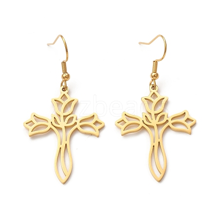 304 Stainless Steel Hollow Out Cross with Flower Dangle Earrings for Women EJEW-P222-02G-1