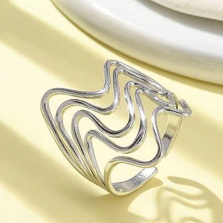 304 Stainless Steel Wave Open Cuff Ring for Women RJEW-M025-01P-1