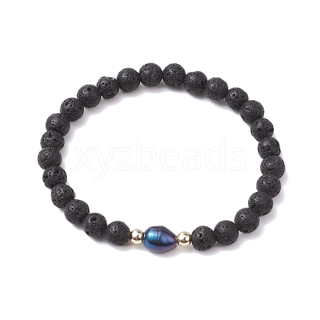 6mm Round Natural Lava Rock & Dyed Pearl Beaded Stretch Bracelets for Women BJEW-JB10619-01-1