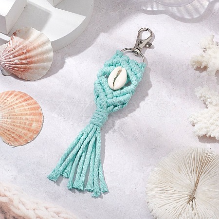 Handmade Macrame Cotton Threads & Natural Cowrie Shell Beads Pendant Decoration HJEW-JM02627-01-1