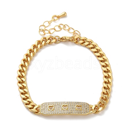 Brass Micro Pave Clear Cubic Zirconia Curved Rectangle with Hollow Heart Cuban Link Chains Bracelets for Women BJEW-M322-03G-A-1