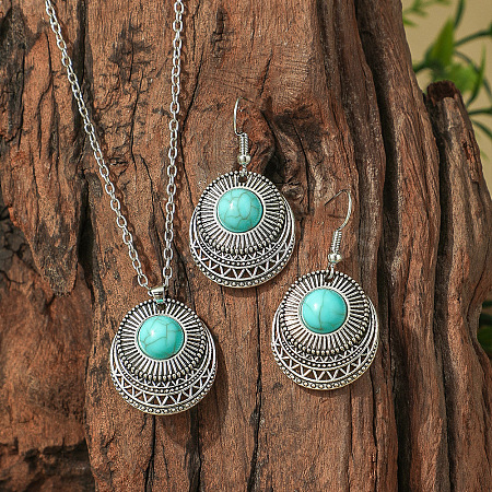 Bohemian Ethnic Style Zinc Alloy & Synthetic Turquoise Pendant Necklaces & Dangle Earrings Sets WG7E01E-09-1