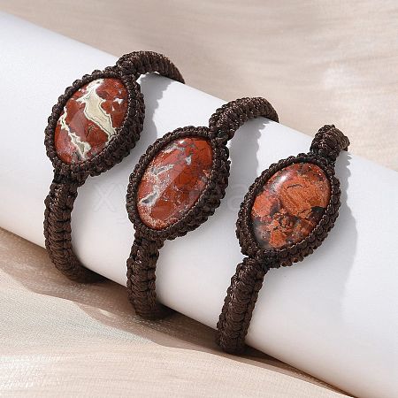 Adjustable Oval Natural Red Jasper Braided Bead Bracelets BJEW-H626-02-13-1