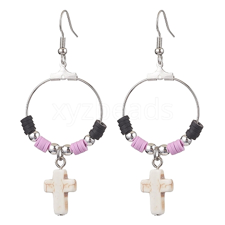 Cross Synthetic Turquoise & Polymer Clay Dangle Earrings for Women EJEW-JE05893-02-1