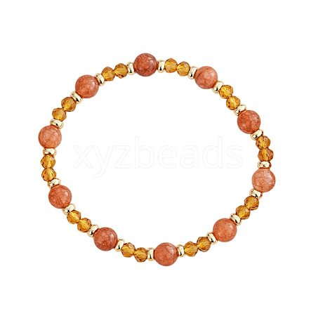 Round Natural Sunstone & Citrine Beads Stretch Bracelets for Women UX1023-2-1